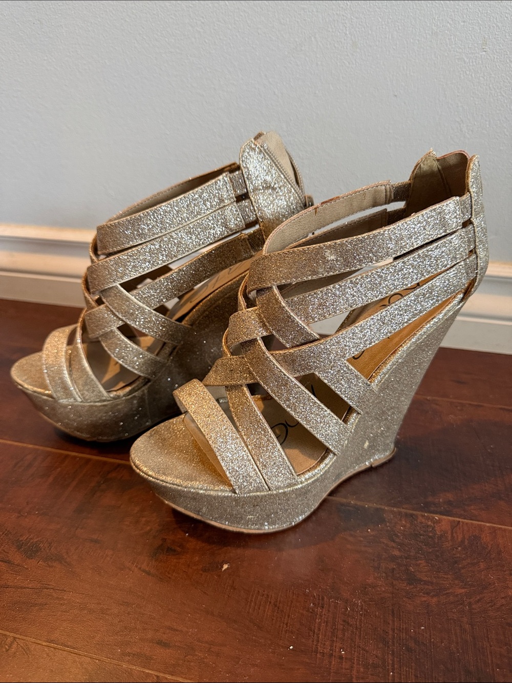 Glitter Strappy Wedge Sandals - Gold